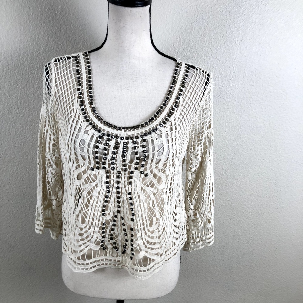 Ecote Crochet Lace Top Women S Ivory Cotton Beaded Boho Festival Romantic Y2K
